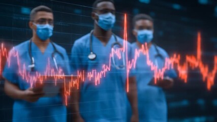 Medical Professionals Wearing Masks With Red Line Graph Overlay in Blue Tone - Powered by Adobe