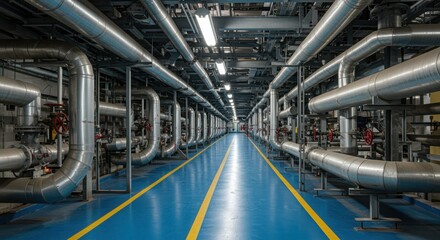 Industrial facility with rows of metal pipes and blue floor