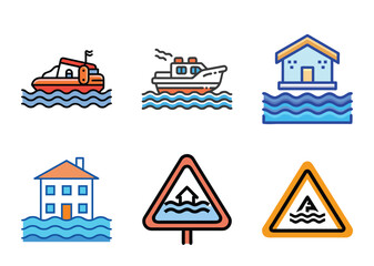 Illustrations depicting floods ships houses Bundle and flood warning signs icons