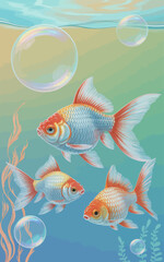 Fototapeta premium Colorful Ornamental Goldfish in Underwater Scene – Digital Art Illustration with Bubbles and Plants.