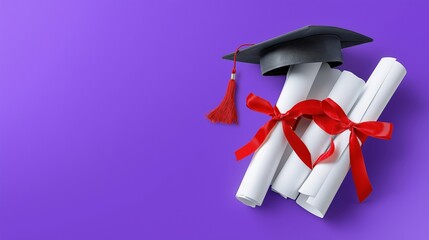 Graduation cap and diplomas with red ribbons on purple background