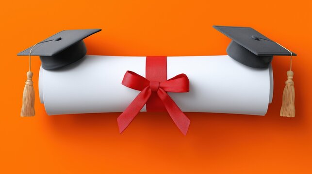 Graduation celebration: diploma with red ribbon and mortarboards on orange background