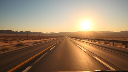 Sunlit desert highway with long shadows and a distant vehicle silhouette, evoking warmth and journey.