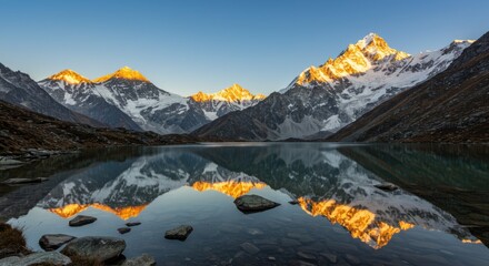 Majestic mountain peaks reflecting in tranquil lake at sunrise for nature and travel design