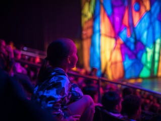 Student Attentively Watching a Colorful Lit Stage Presentation