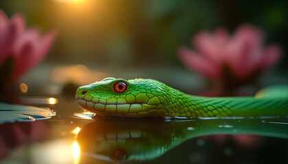Fototapeta premium Glistening scales and red-orange eyes in a cinematic sunset wildlife scene