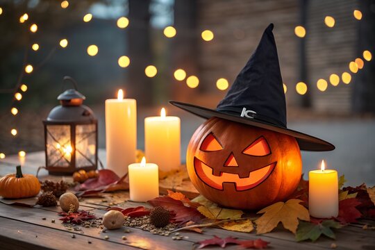 A glowing carved pumpkin with a witch hat brightens a rustic autumn table adorned with warm candles and colorful fall leaves.