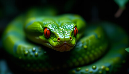 Fototapeta premium Coiled snake with wet lime-green scales and piercing red eyes under soft light.