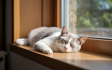 Cat sleeping on a wooden window ledge in sunlight napping
