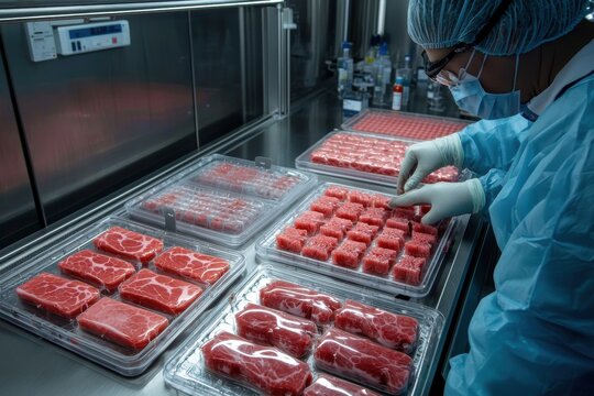 A worker in protective gear inspects packaged raw beef steaks in a clean, industrial meat processing facility. - Powered by Adobe