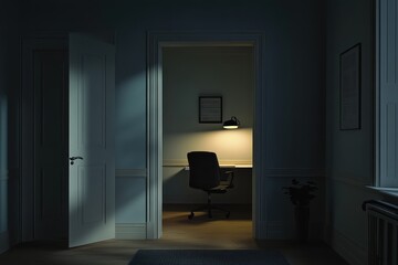 Interior view of a dimly lit study at night.
