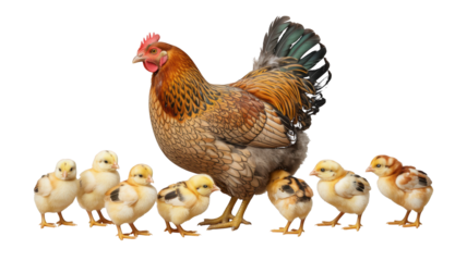 Hen and Chicks Together isolated on a transparent background poultry farm
