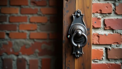 Dark metal door knocker against a brick wall.