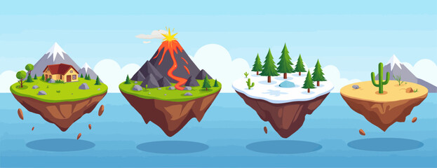 Floating Islands with Diverse Landscapes, Glossy Illustration on Transparent Background