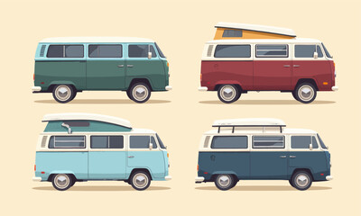 Four Vintage Camper Vans in Pastel Colors, Transparent Background, Retro Illustration for Design