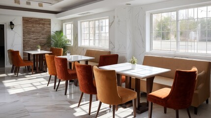 Obraz premium Modern cozy cafe with plush velvet seating and sleek marble tables illuminated by natural sunlight, creating an inviting atmosphere for relaxation and socializing