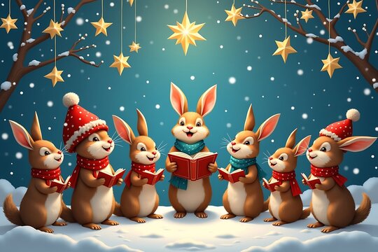Seven rabbits singing carols in the snow bunny christmas - Powered by Adobe
