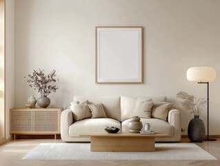 Minimalist beige living room with empty frame