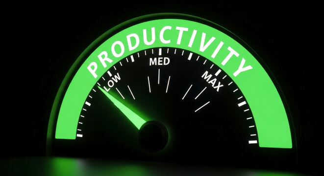 Productivity meter gauge indicator showing low medium max levels for business and performance success