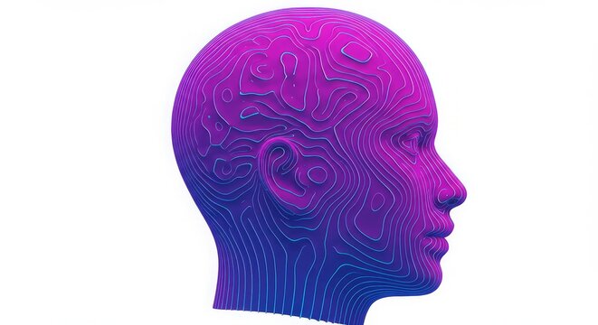 Abstract digital human head sculpture with gradient purple and blue hues representing futuristic technology and artificial intelligence concepts