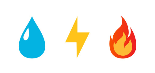 Water electricity and gas icons set Water drop thunder and fire symbol