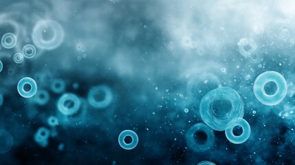 Closeup of swirling teal pathogen particles floating in a hazy gray space highlighting themes of health and science
