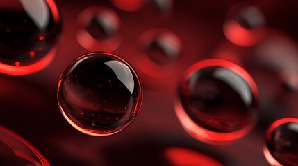 Deep red spheres with glassy surfaces and subtle internal reflections black liquid