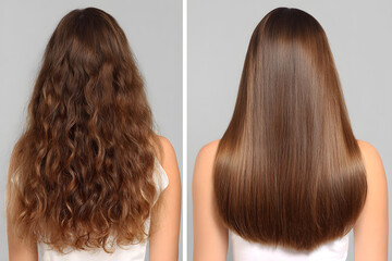 Transformative hair care natural oil for texture restoration after sun damage. Sick to healthy with keratin treatment before and after results