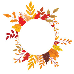 Empty round frame of autumn colorful leaves. Circular foliate fall aesthetics rim. Warm autumn mood, round shape with copy space, vector graphic