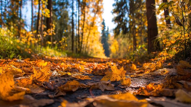 A path covered in fallen golden leaves through a forest in the autumn season day light