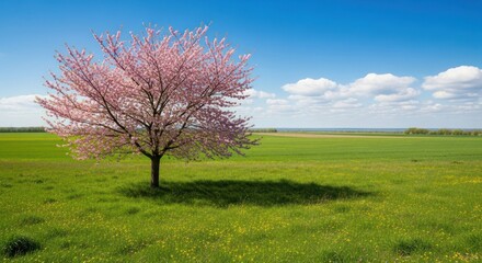 Obraz premium Beautiful Blooming Tree with Pink Flowers in a Green Field Under a Blue Sky, Featuring a Sunny Day and a Peaceful Landscape