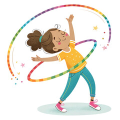 Obraz premium Girl Playing with Rainbow Hula Hoop, Isolated on Transparent Background, Digital Illustration, Childrens Illustration, Hula Hoop, Girl, Rainbow