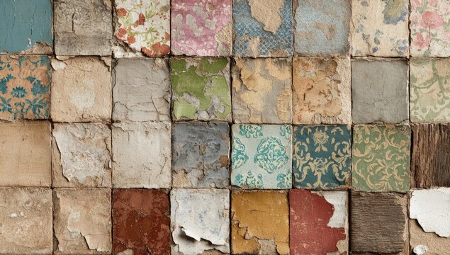 A mosaic of weathered, colorful, patterned tiles