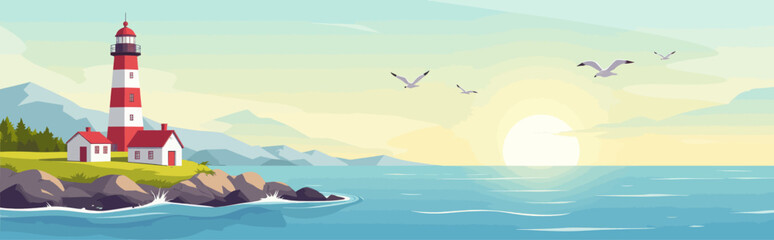 Lighthouse with Red and White Stripes on Transparent Background, Watercolor Illustration for Branding