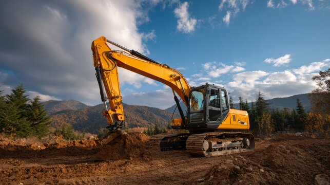 A modern yellow excavator is digging in the ground, with a blue sky and white clouds in the background