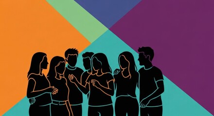 Dynamic Group Conversation Featuring Diverse People in a Colorful Setting, Illustrating Teamwork and Collaboration for Business and Social Media Projects