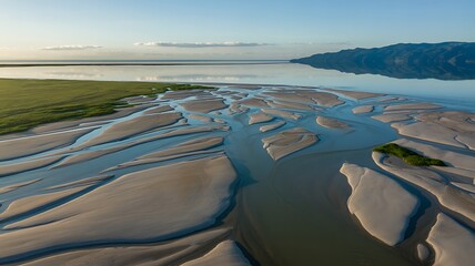 Aerial view of river delta channels and grassy banks