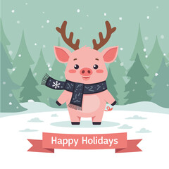 Naklejka premium Pink Pig with Antlers, Winter Scarf, Happy Holidays Banner on Transparent Background, Holiday Illustration for Digital Media