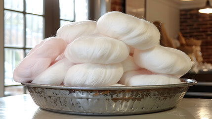 Cotton candy in a metal bowl on a table in a restaurant.