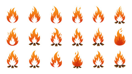 Vibrant bonfire icons set evokes warm cozy nights and campfire stories, perfect for camping designs