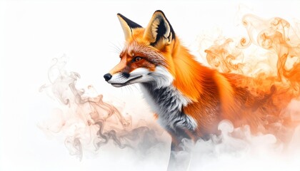 Mystical red fox profile with a creative digital art effect of dissolving into fiery orange smoke on a white background.