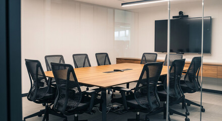 Modern Corporate Conference Room with Large Table, Chairs & Digital Screen for Business Meetings