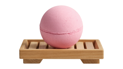 Pink bath bomb on wooden tray isolated on a transparent background image