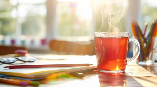 Steaming cup of tea on a sunlit wooden desk surrounded by notebooks, colored pencils, and art supplies creating a cozy, creative workspace with warm tones and soft shadows - Powered by Adobe