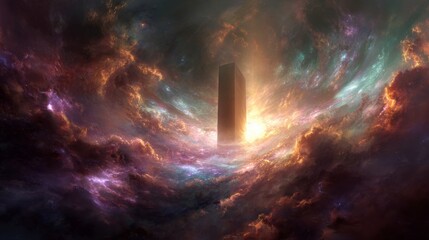 Ancient space monolith hovering in a galaxy of swirling colors, pulsing with magical light