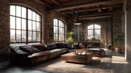 Loft living room with brown leather sectional, exposed brick, and city views