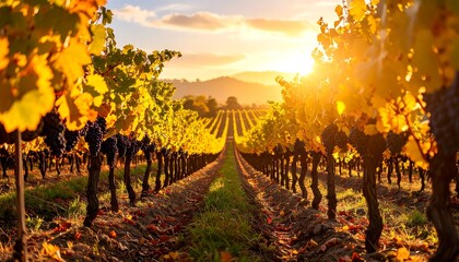 Vineyard bathed in sunset