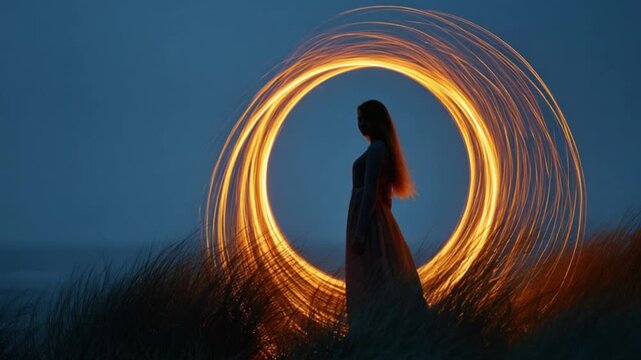 Silhouette of a woman in a flowing dress stands within a fiery, circular light painting against a twilight sky and tall grass