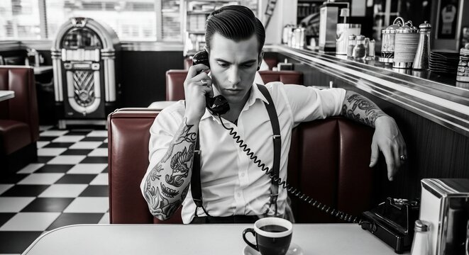 Stylish tattooed man in retro diner, absorbed in a serious phone call at the counter with coffee, capturing a vintage vibe and nostalgic moment, perfect for storytelling