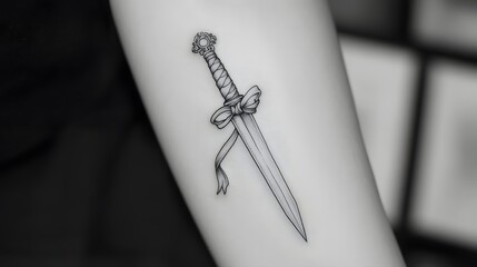 Elegant Sword Tattoo with Bow Design on Forearm Skin